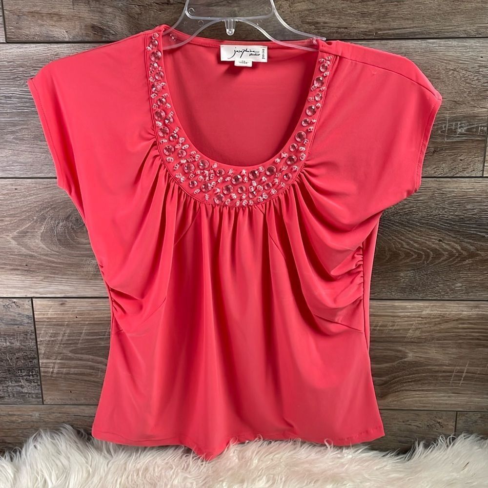 Josephine Studio Petite Ladies Beaded Neckline Blouse Top, Size PS, Coral